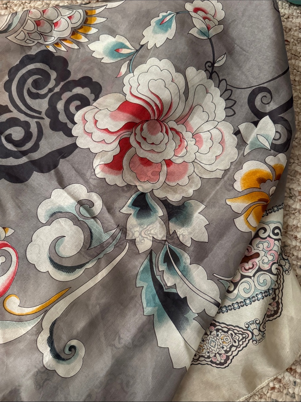 Johnny Was Silk Scarf Bird Peony 44” x44” Tasseled ends - Picture 5 of 5